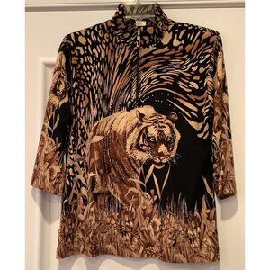 Vtg Jackets Galore By John Farah Top Size Large Leopard Print Bling 3/4 Sleeves